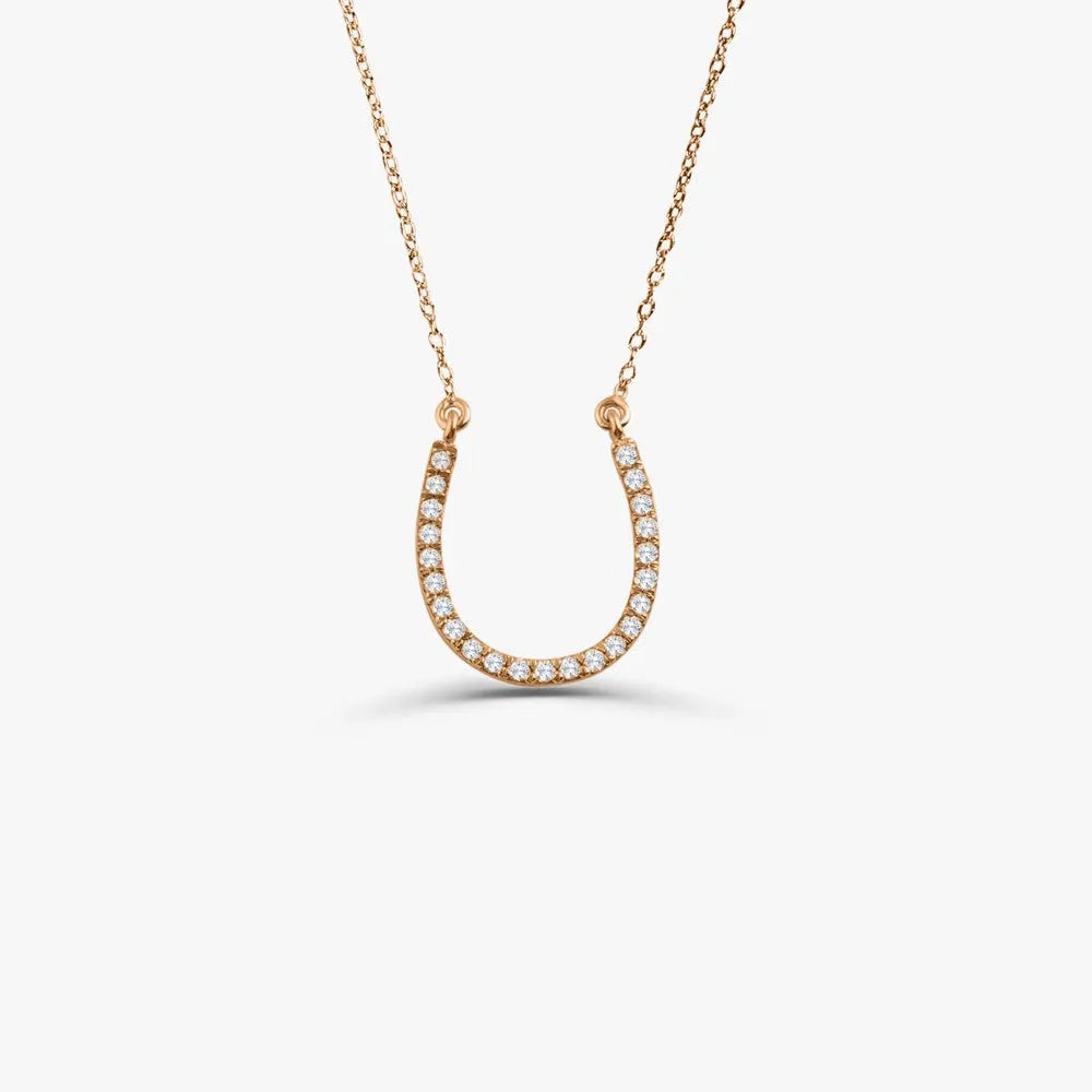 14K Solid Gold Round Diamond Large Horseshoe Pendant Necklace 0.18ctw