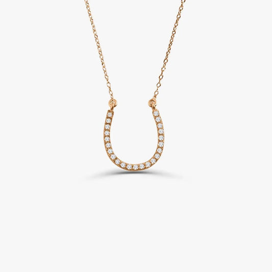 14K Solid Gold Round Diamond Large Horseshoe Pendant Necklace 0.18ctw