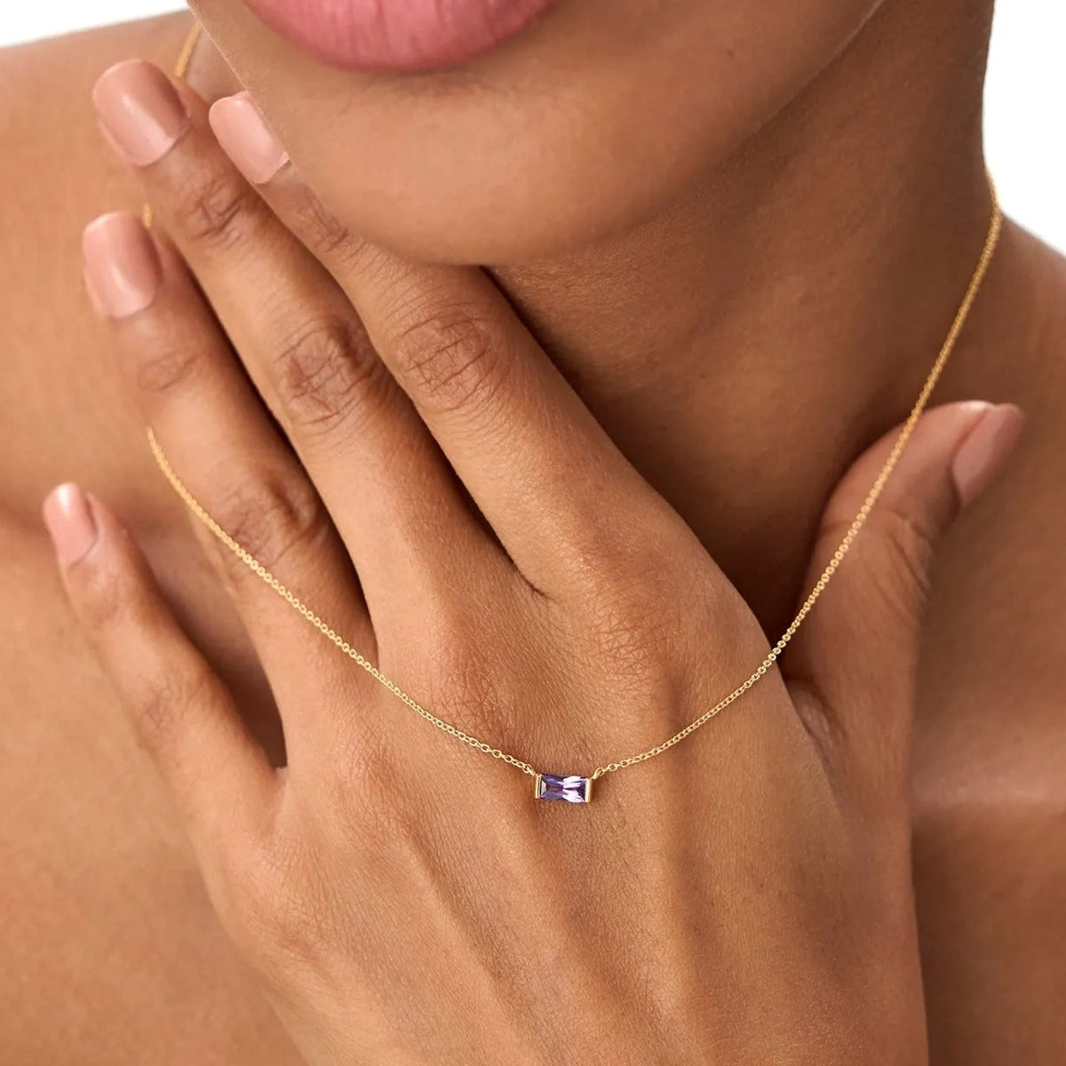 14k Solid Gold Amethyst Baguette Birthstone Necklace 0.35 Carat