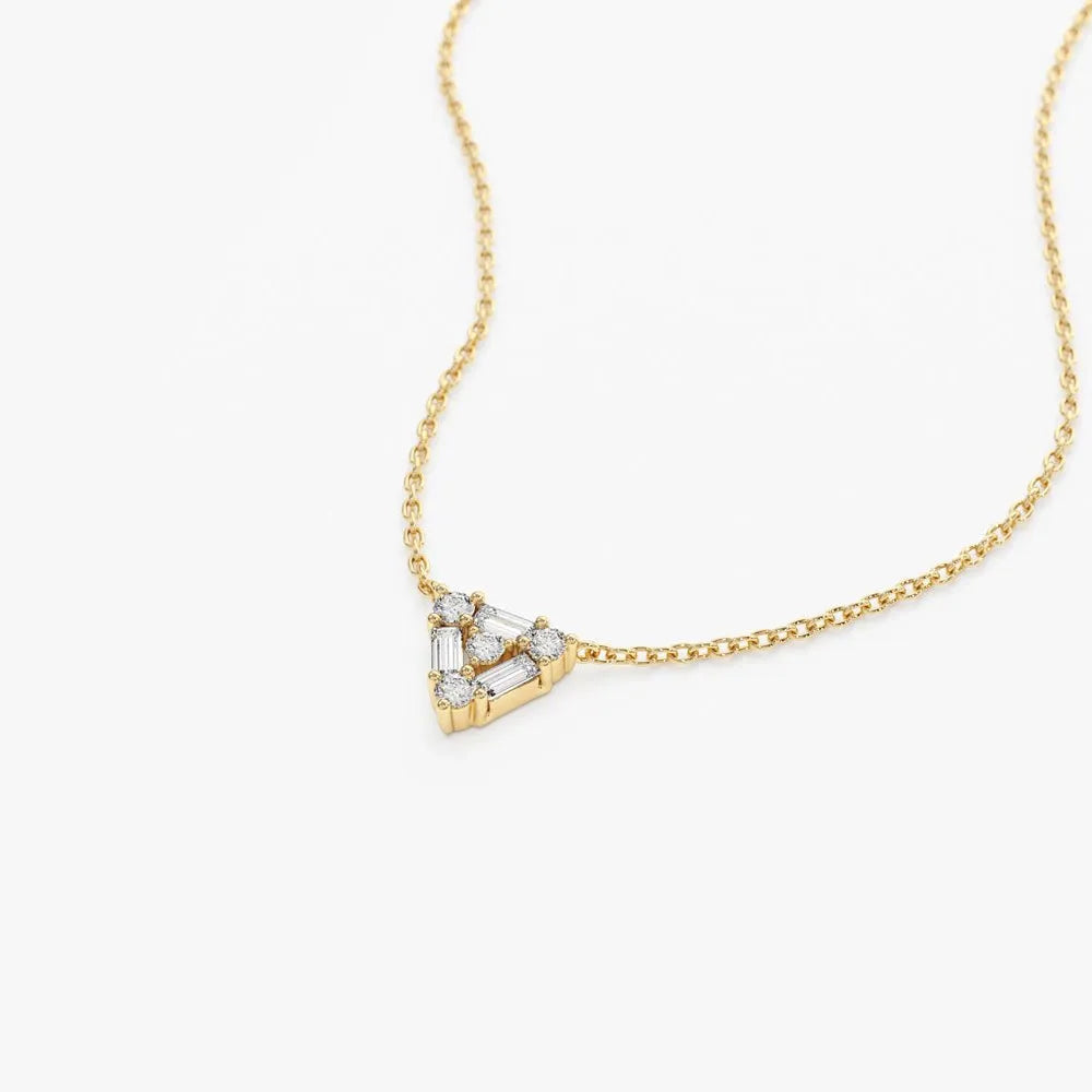 14K Solid Gold Round and Baguette Diamond Triangle Pendant Necklace 0.23ctw