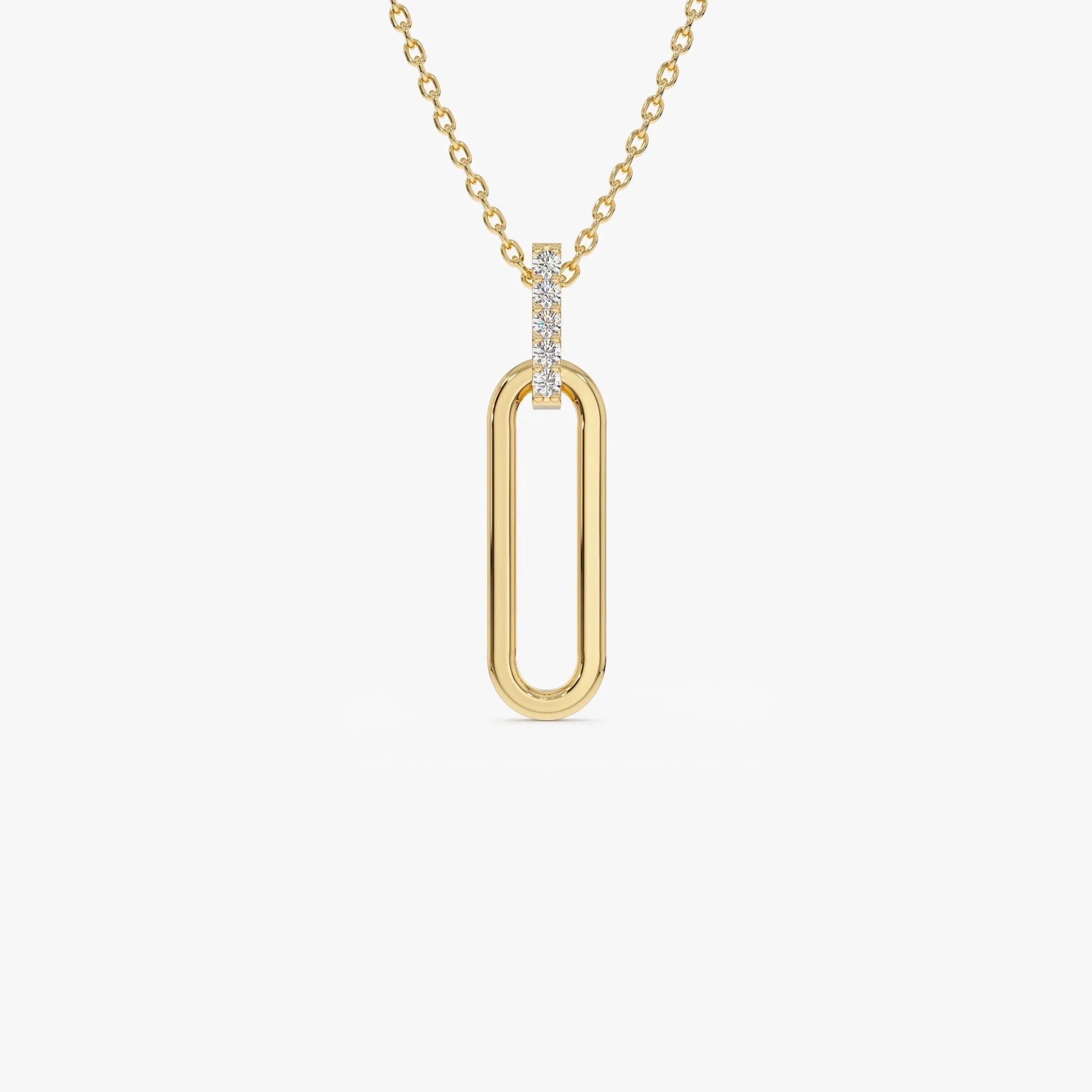 14K Solid Gold 0.05 CTW Round Diamond Paper Clip Link Pendant Necklace