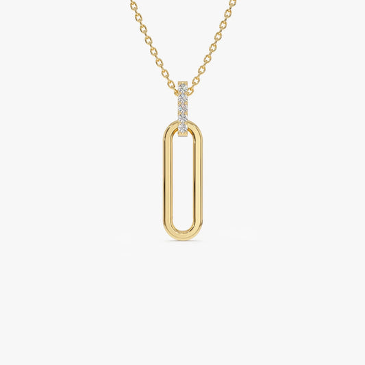 14K Solid Gold 0.05 CTW Round Diamond Paper Clip Link Pendant Necklace