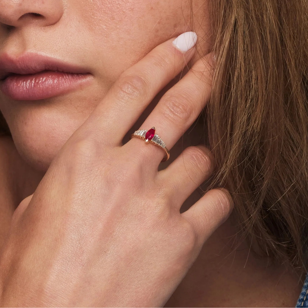 14k Gold Ruby and Diamond Marquise and Baguette Cut Ring 0.78 ctw