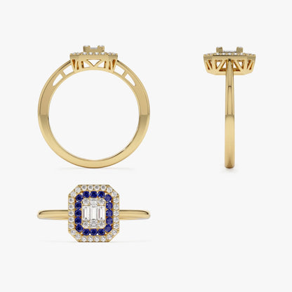 14k Gold Sapphire and Diamond Baguette and Round Cut Halo Setting Ring 0.47 ctw
