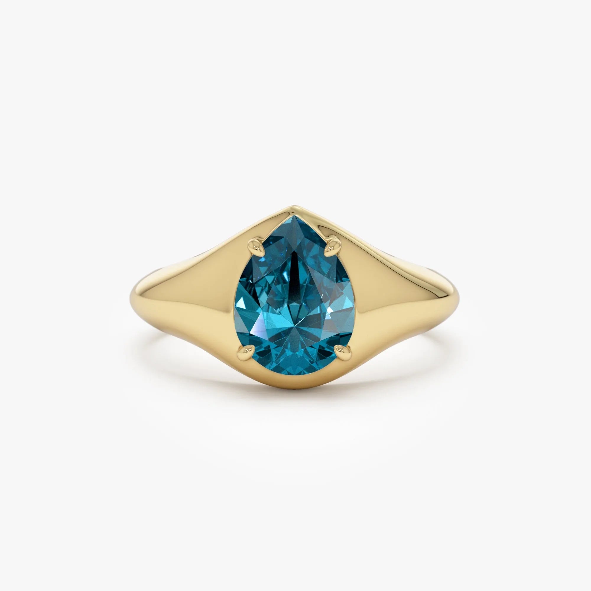 14K Solid Gold Pear Shaped London Blue Topaz 1.15ctw Statement Ring