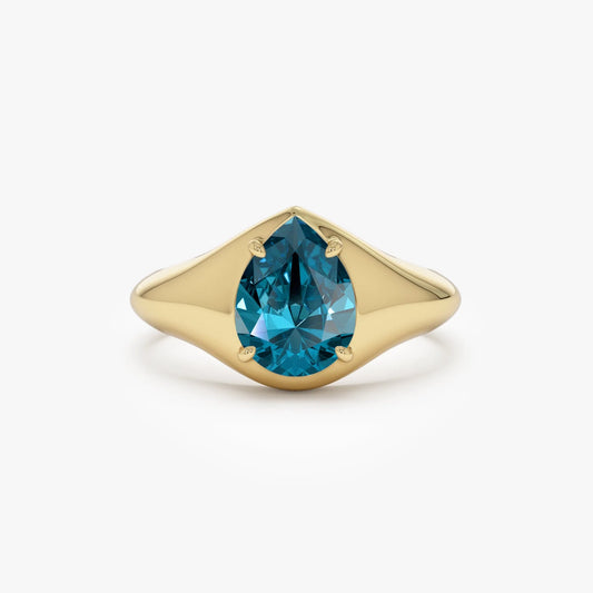 14K Solid Gold Pear Shaped London Blue Topaz 1.15ctw Statement Ring