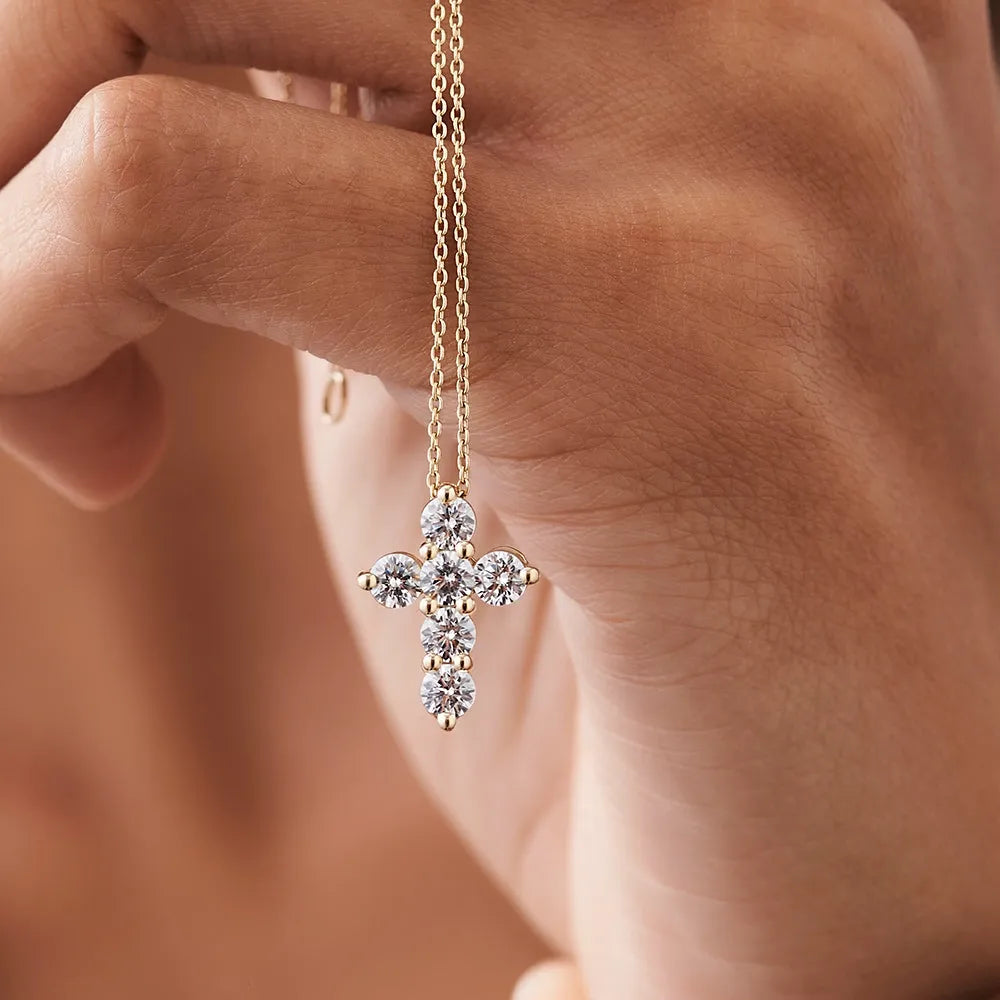 14K Solid Gold Round Diamond Large Cross Pendant Necklace Prong Setting 1.20ctw
