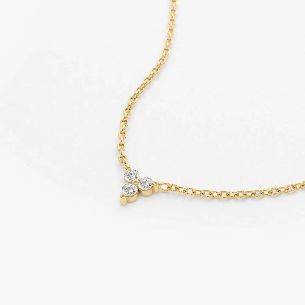 14K Solid Gold Round Diamond Trio Triangle Necklace Prong Setting 0.09cttw