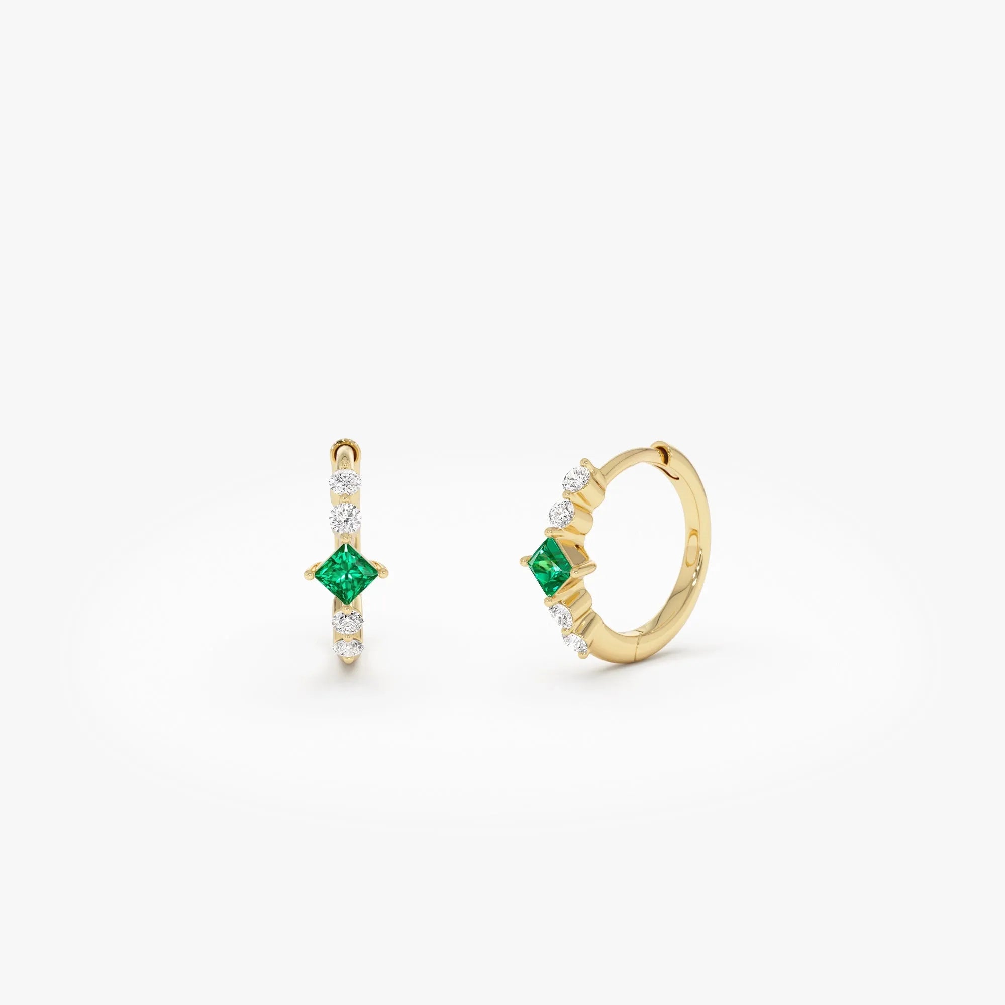 14K Solid Gold Princess Cut Emerald and Round Diamond Hoop Earrings 0.38 CTW
