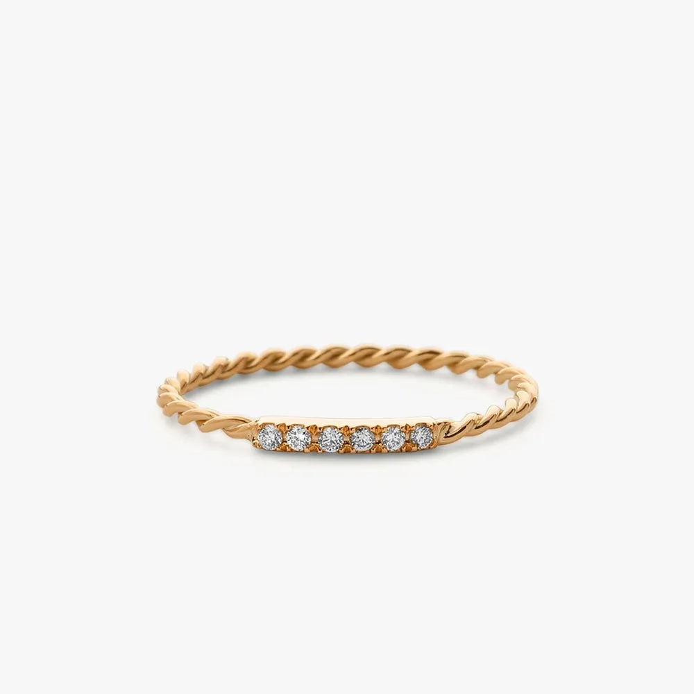 14K Gold Round Diamond Micro Pave Twisted Rope Stacking Wedding Band