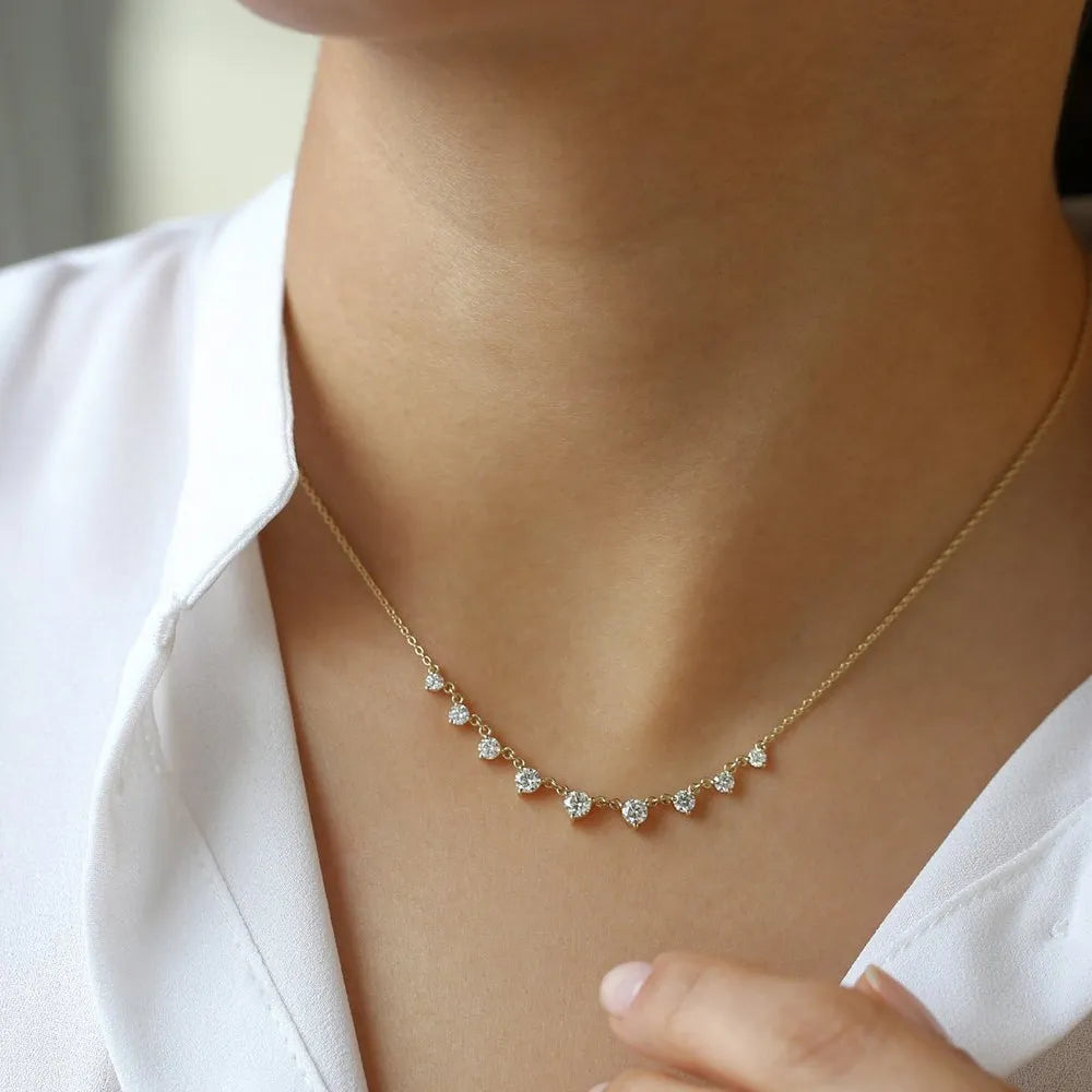 14K Solid Gold Round Diamond Graduating Necklace Prong Setting 1.05ctw