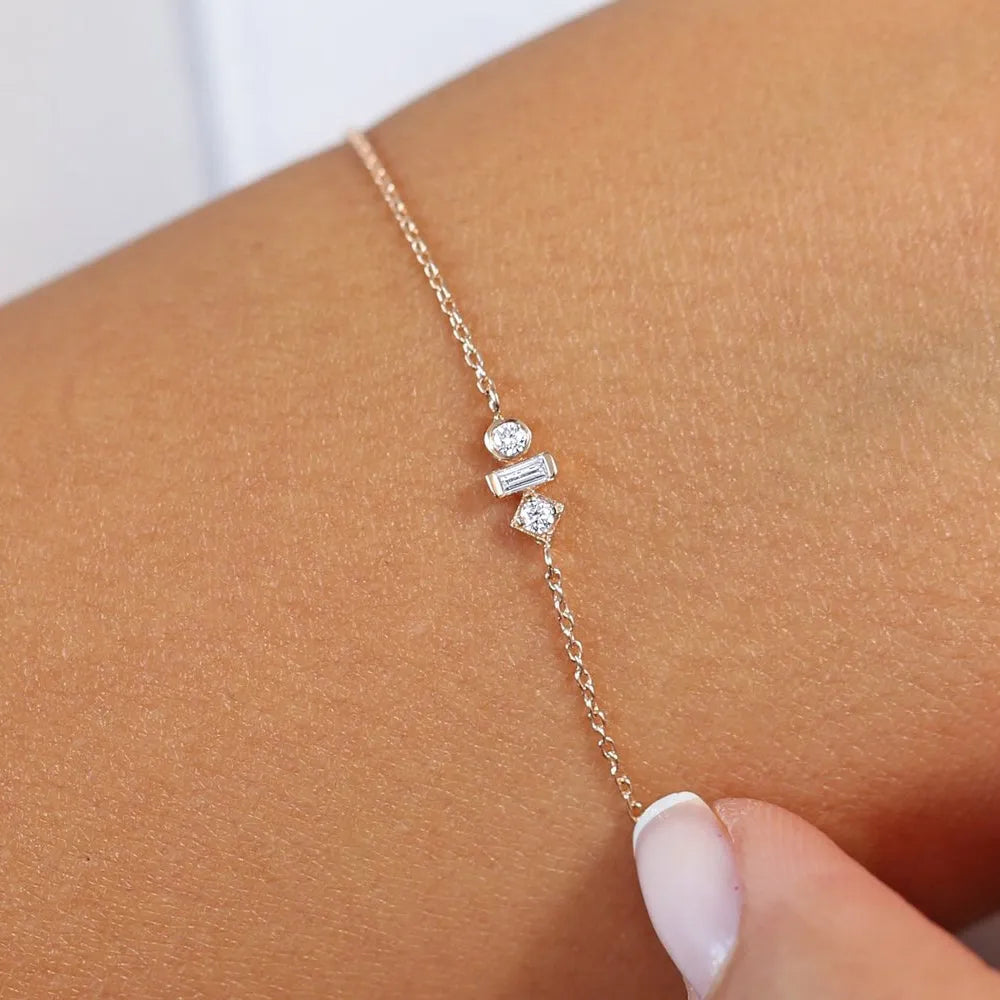 14K Solid Gold Baguette and Round Diamond Bracelet Bezel and Channel Setting 0.15 Carat