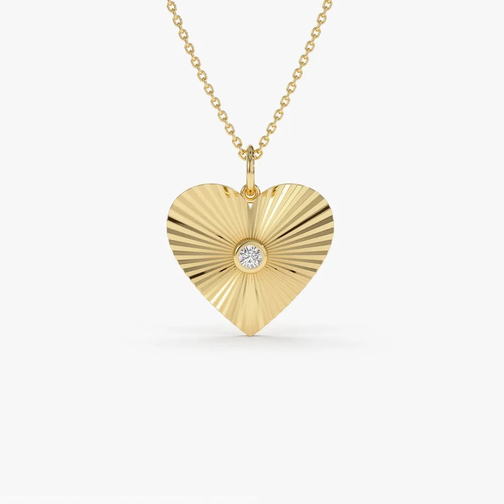 14K Solid Gold Round Diamond Heart Shape Disc Ray Pendant Necklace 0.10ctw