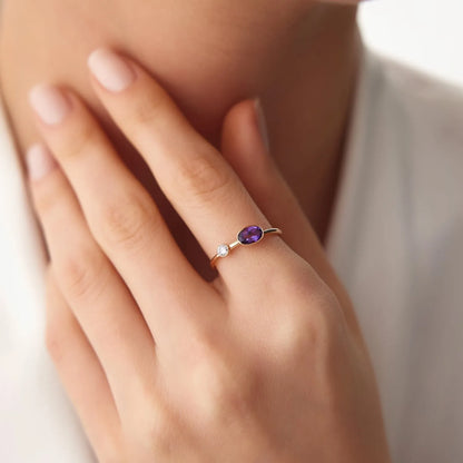 14K Solid Gold Oval Amethyst and Diamond 0.52ctw Bezel Set Ring
