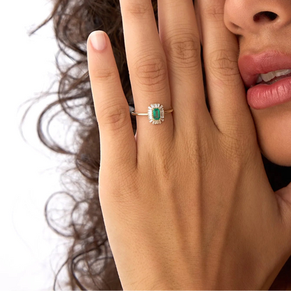 14K Gold Emerald Cut Octagon Emerald Baguette Diamond Halo Ring 0.47 CTW