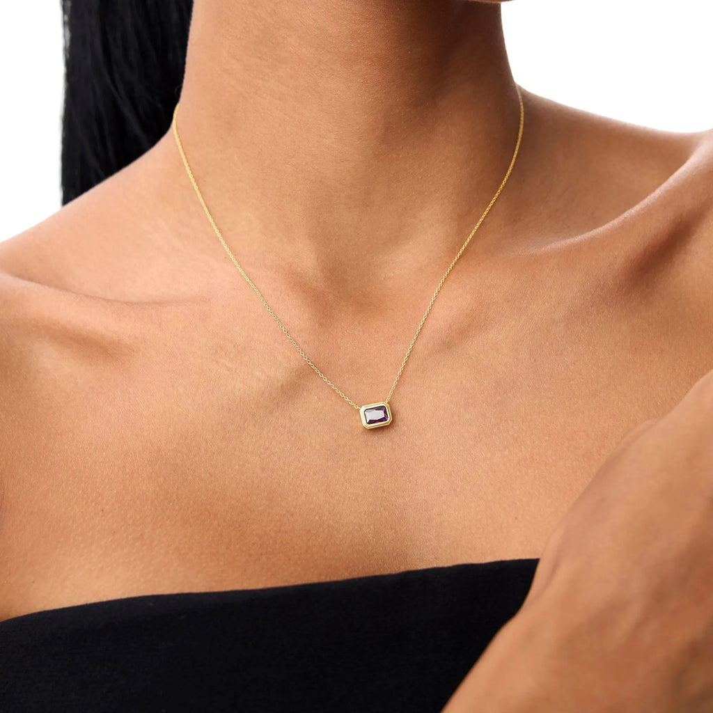 14k Solid Gold Amethyst Emerald Cut Necklace 0.95 Carat Bezel Setting