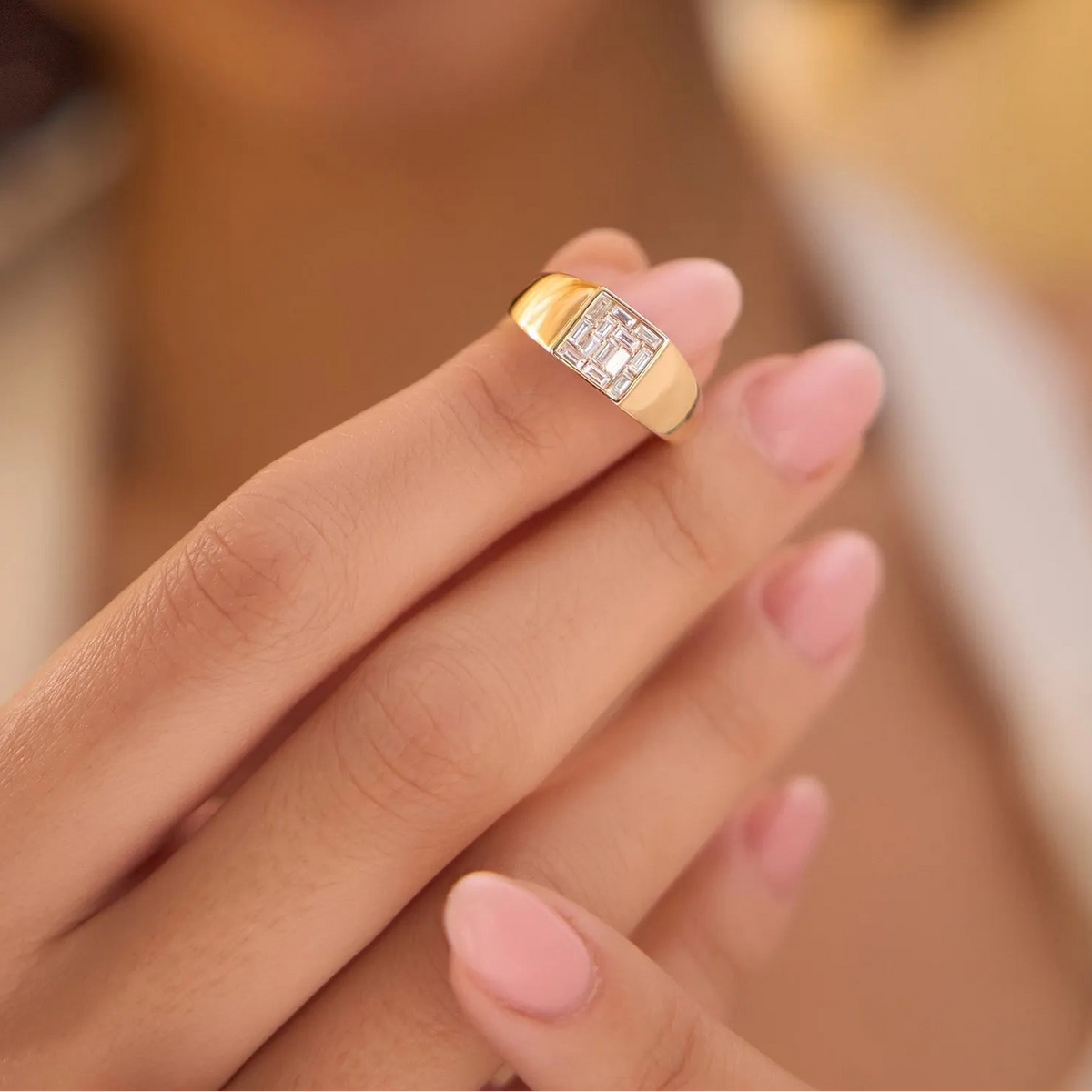 14k Solid Gold Baguette Diamond 0.50 Carat Square Illusion Setting Signet Pinky Ring
