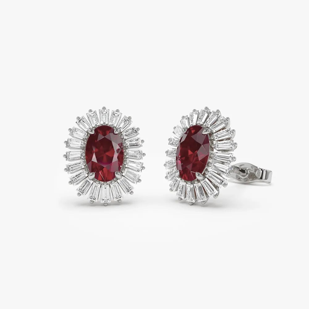 14k Solid Gold Oval Ruby and Baguette Diamond Ballerina Stud Earrings 1.70 ctw