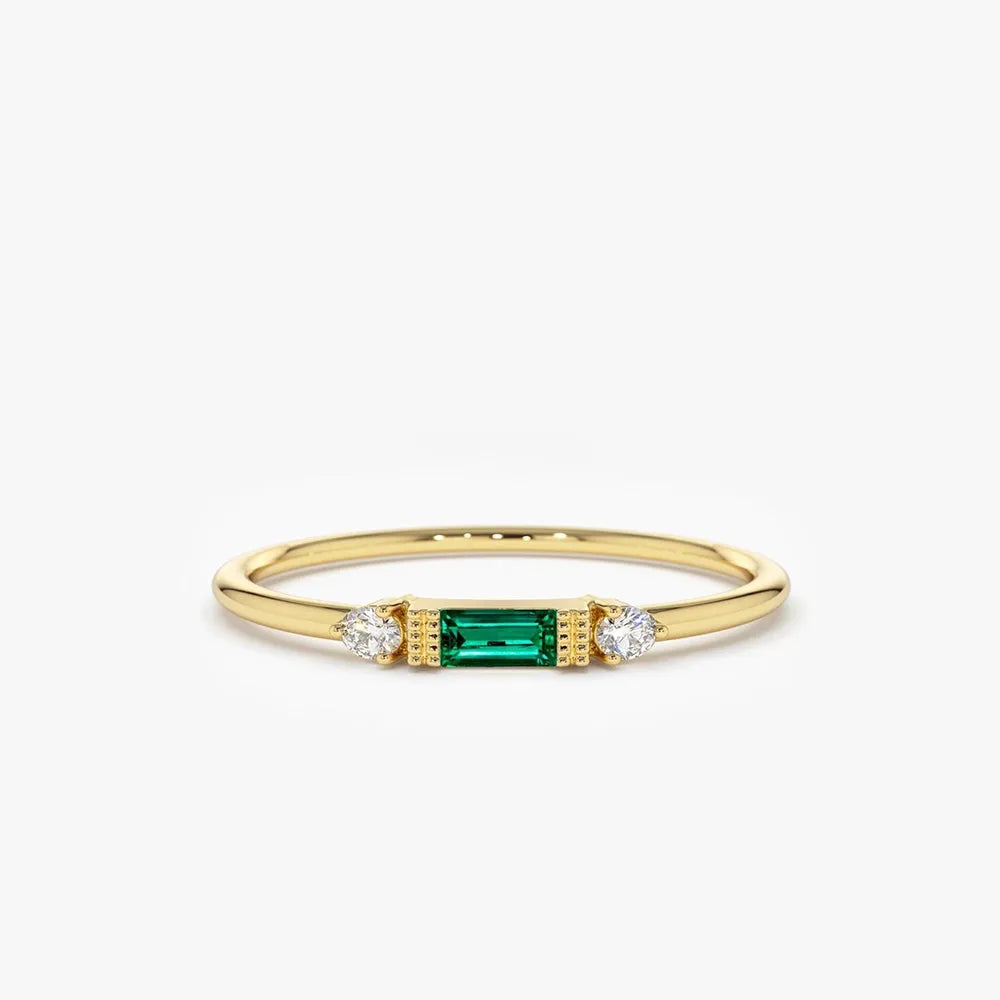 14K Gold Baguette Emerald and Round Diamond Ring 0.12 CTW Handcrafted Jewelry