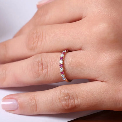 14k Gold Ruby and Diamond Round Cut Shared Prong Wedding Ring Band 0.43 ctw