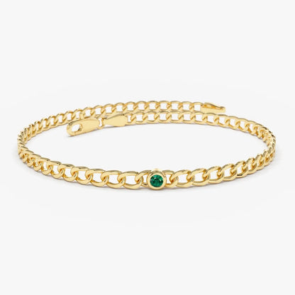 14K Solid Gold Cuban Link Bracelet with Bezel Set Round Emerald
