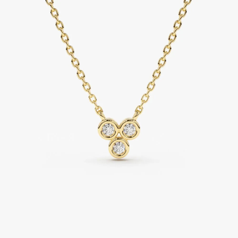 14K Solid Gold Round Diamond Trio Necklace Bezel Set 0.09ctw