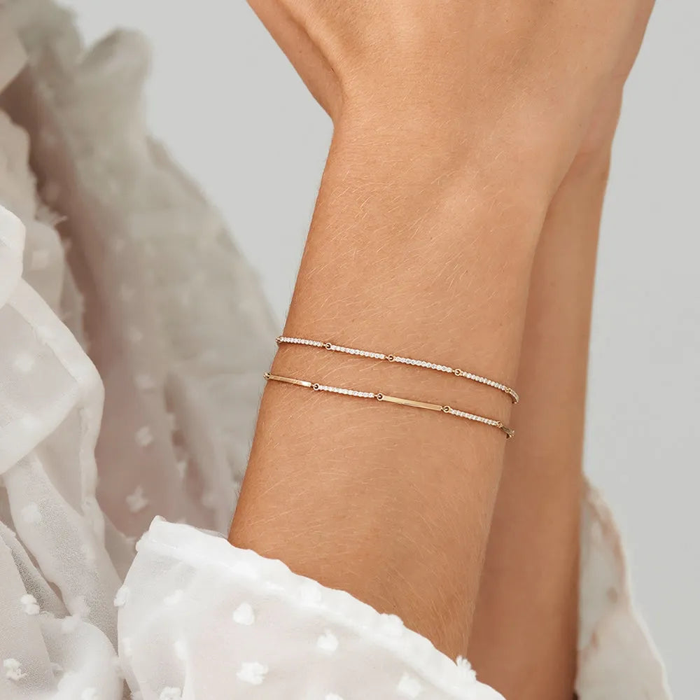 14K Solid Gold 0.60 CTW Round Diamond Micro-Pave Bar Stackable Bracelet