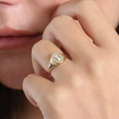 14K Gold Baguette Diamond Bezel Set Oval Signet Ring 0.13ctw