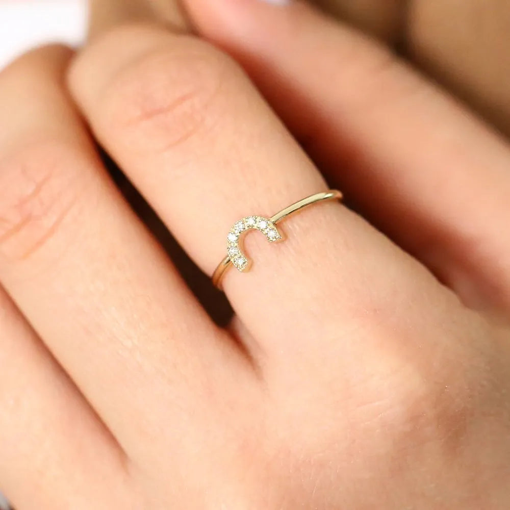 14K Gold White Diamond Round Cut Horseshoe Ring Micro Pave Stackable 0.04 CTW