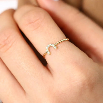 14K Gold White Diamond Round Cut Horseshoe Ring Micro Pave Stackable 0.04 CTW