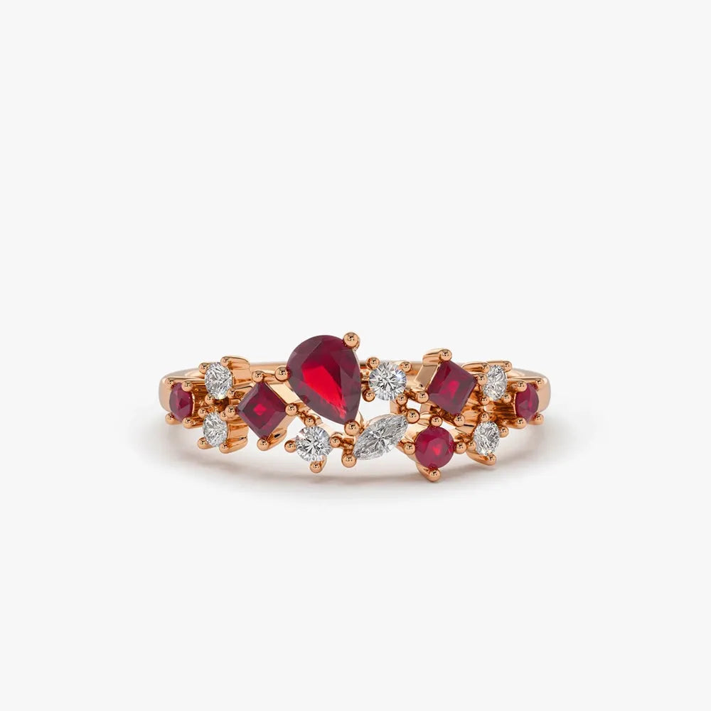 14k Gold Ruby and Diamond Mixed Shape Cluster Ring 0.60 ctw
