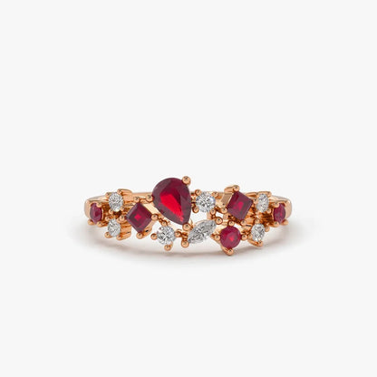 14k Gold Ruby and Diamond Mixed Shape Cluster Ring 0.60 ctw