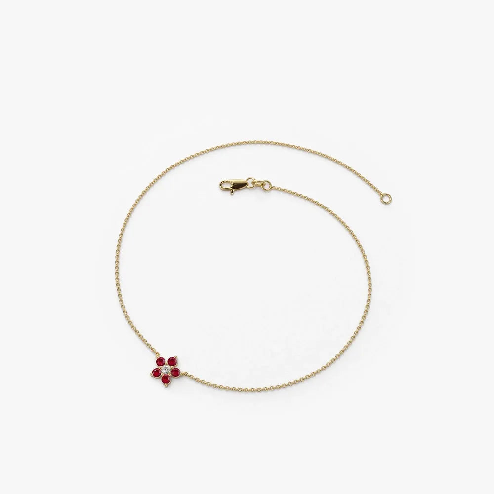 14K Solid Gold Round Ruby and Diamond Flower Charm Bracelet