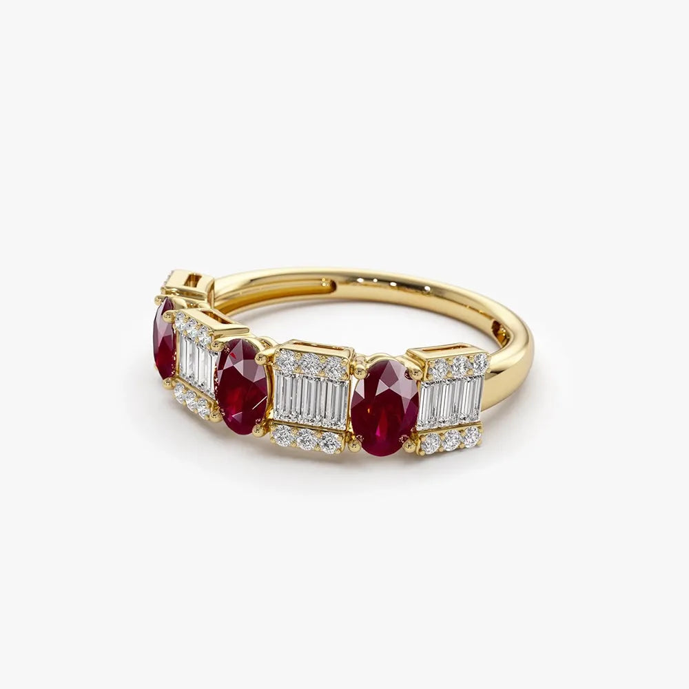 14k Gold Ruby and Diamond Baguette and Round Cut Ring