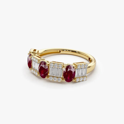 14k Gold Ruby and Diamond Baguette and Round Cut Ring
