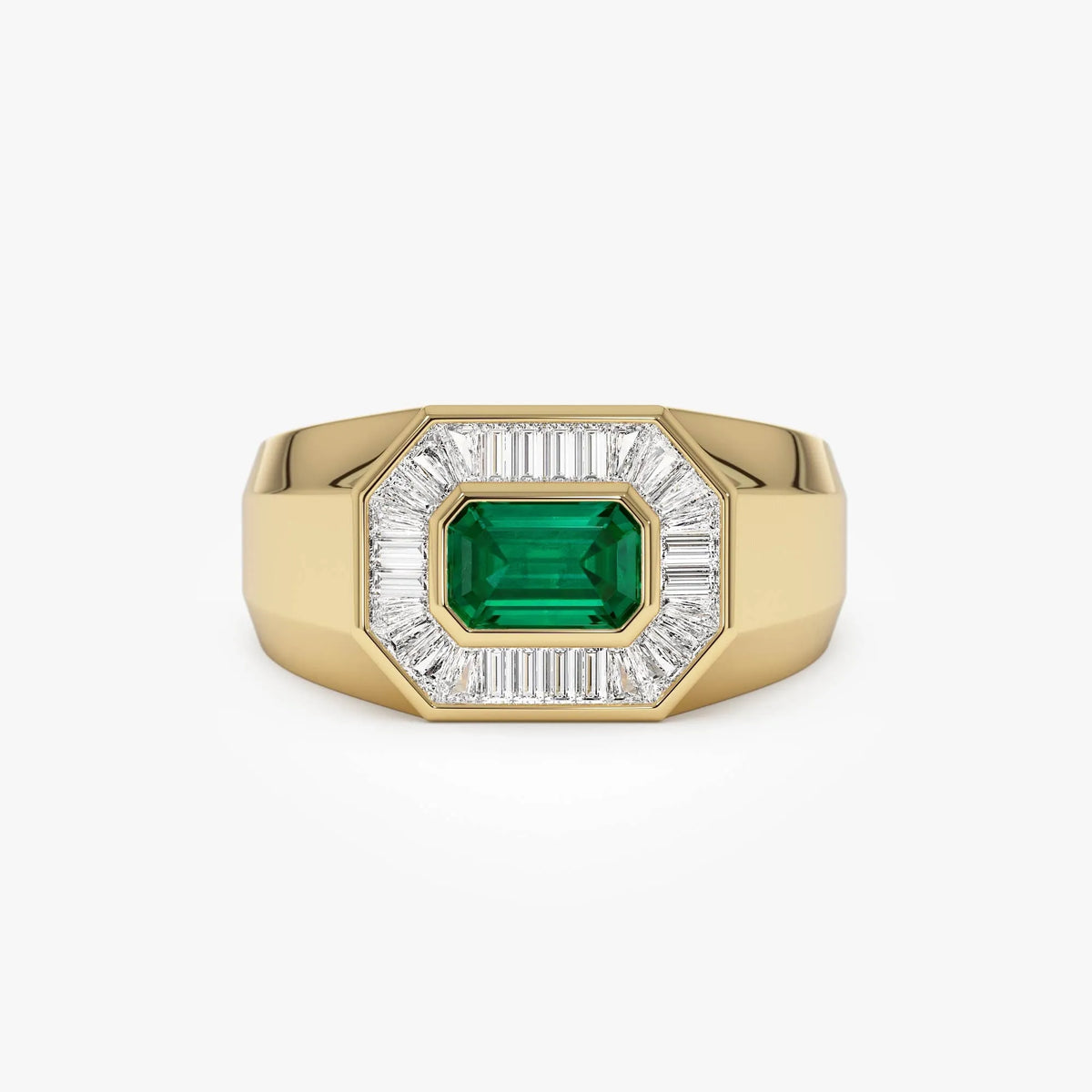 14K Solid Gold Octagon Emerald and Baguette Diamond Signet Ring 1.10 CTW