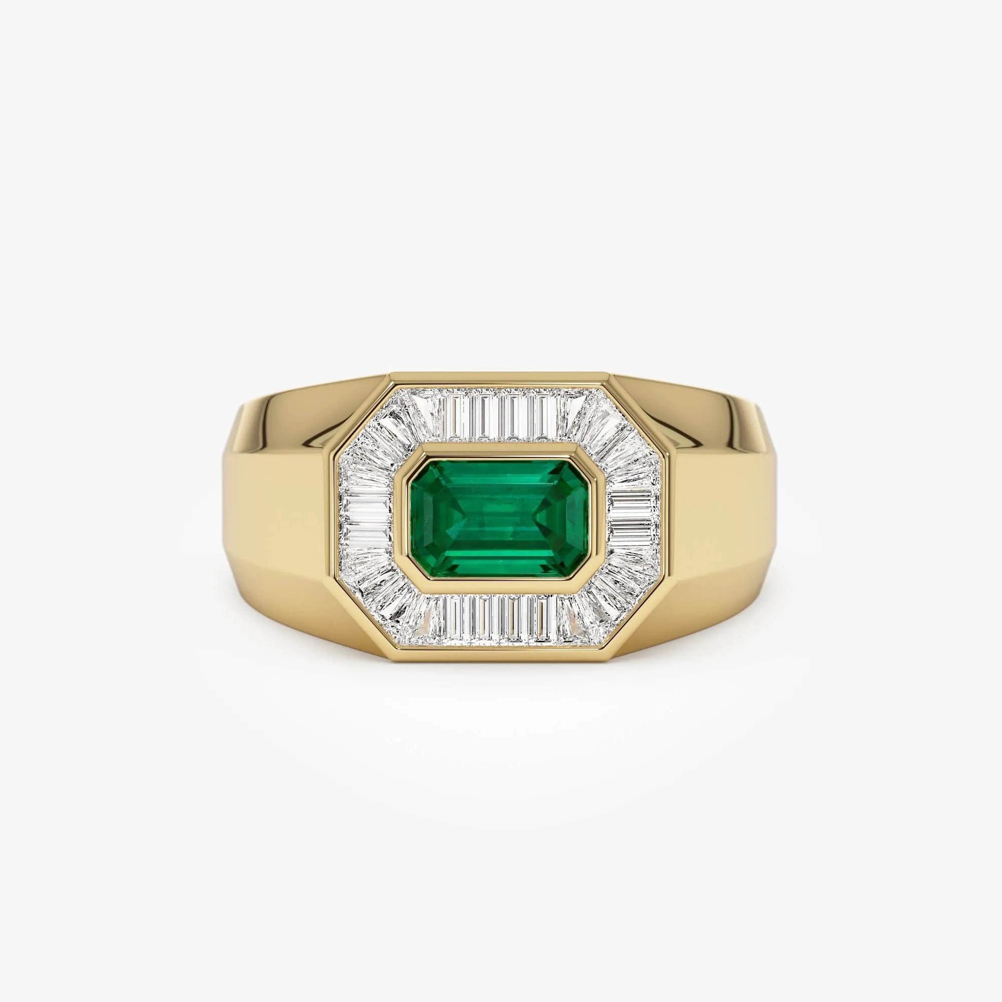 14K Solid Gold Octagon Emerald and Baguette Diamond Signet Ring 1.10 CTW