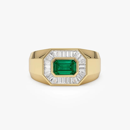14K Solid Gold Octagon Emerald and Baguette Diamond Signet Ring 1.10 CTW