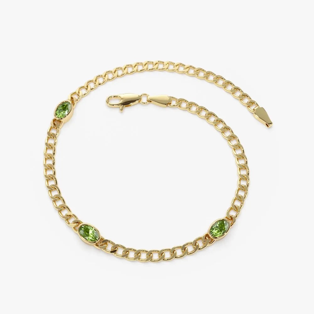 14k Gold Oval Peridot 3MM Cuban Link Bezel Set Bracelet