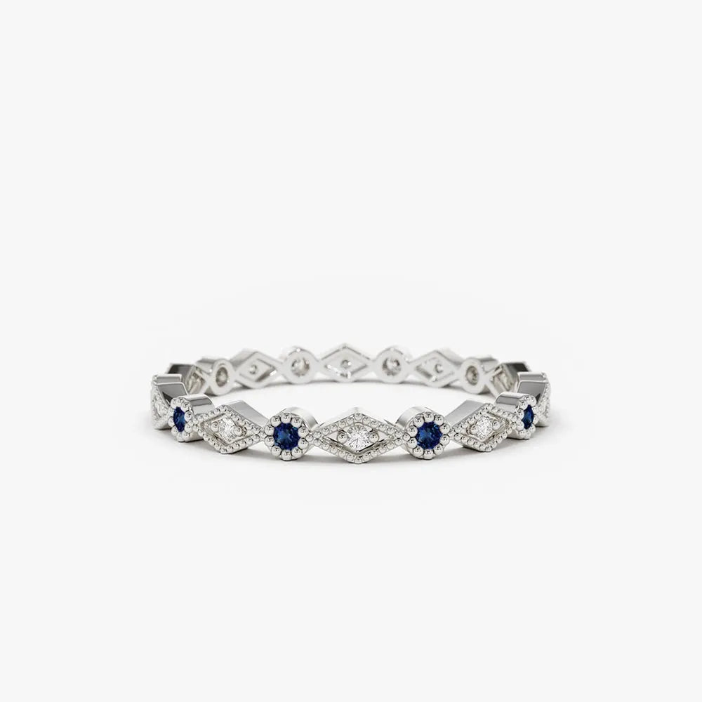 14k Gold Sapphire and Diamond Round Cut Art Deco Geometric Wedding Band Bezel Setting 0.20 ctw