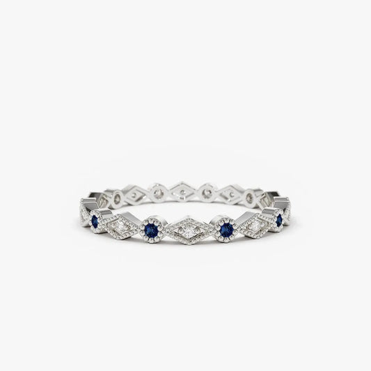 14k Gold Sapphire and Diamond Round Cut Art Deco Geometric Wedding Band Bezel Setting 0.20 ctw