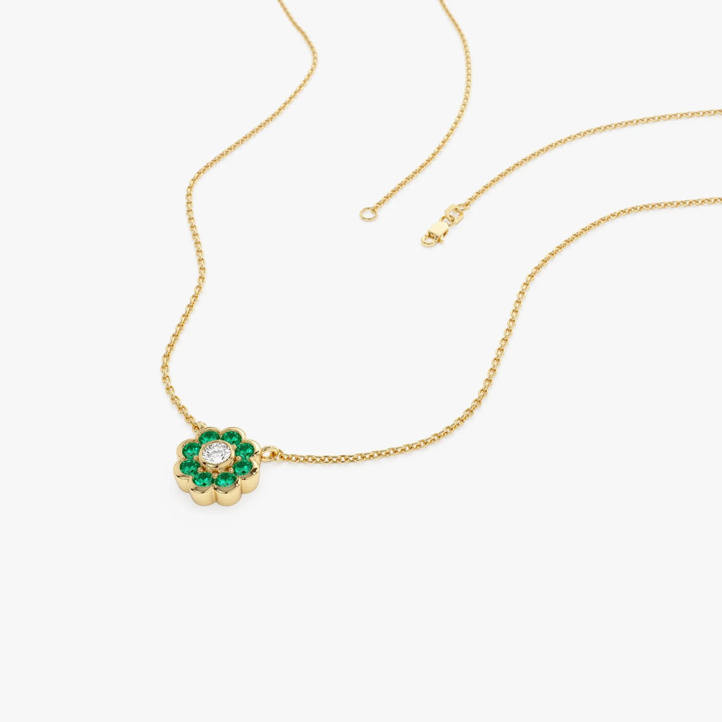 14k Solid Gold Round Emerald 0.25 CTW and Diamond 0.05 CTW Flower Bezel Setting Pendant Necklace