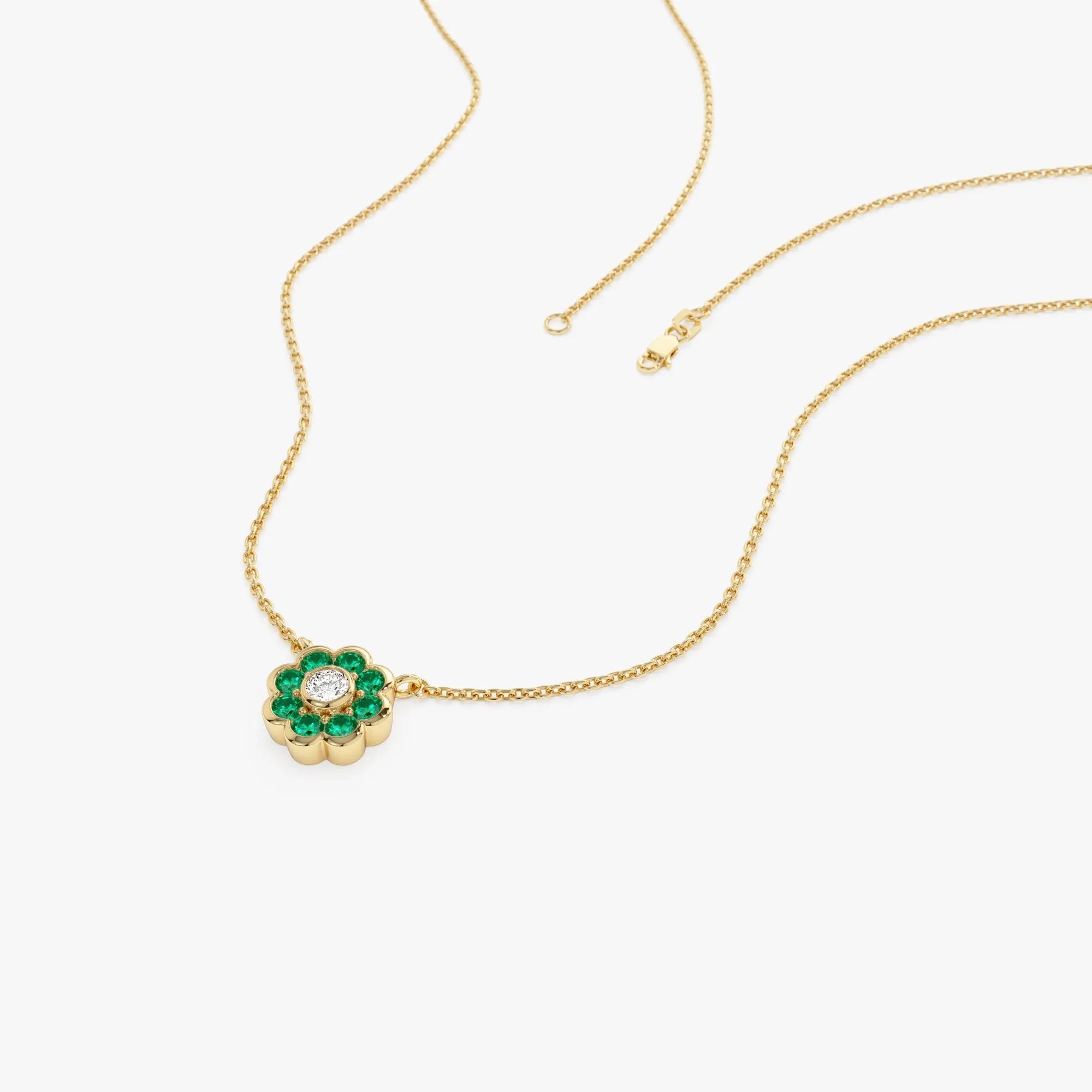 14k Solid Gold Round Emerald 0.25 CTW and Diamond 0.05 CTW Flower Bezel Setting Pendant Necklace