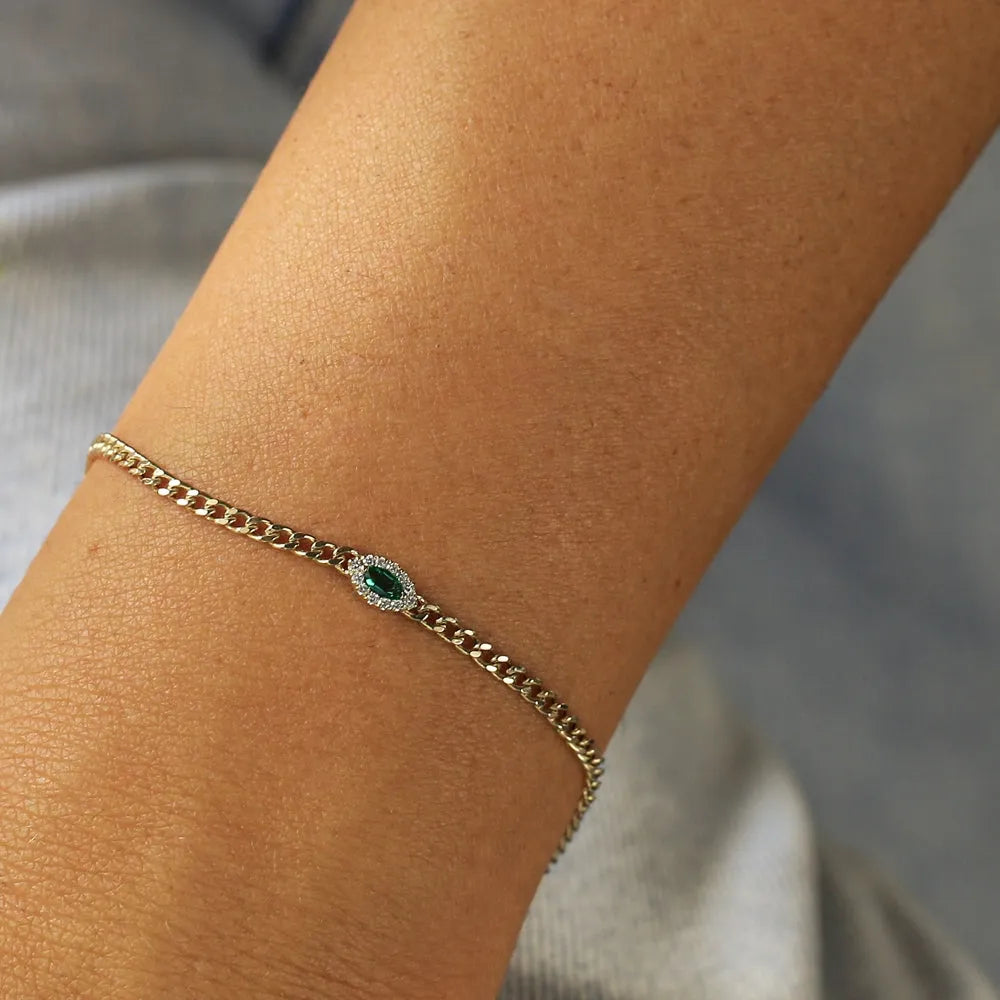 14k Gold 0.10ct Marquise Emerald and Round Diamond Curb Link Bracelet