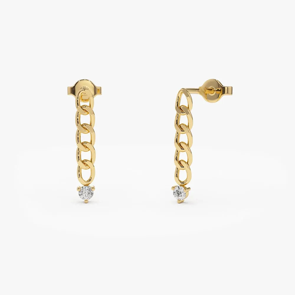 14k Gold Diamond Round Cut Cuban Link Earrings 3 Prong Setting 0.20 ctw