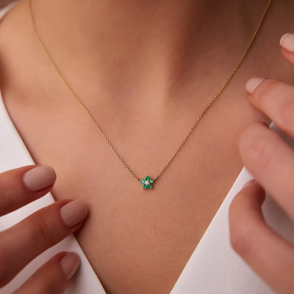 14k Solid Gold Round Emerald and Diamond Flower Charm Necklace 0.12 CTW Emerald 0.04 CTW Diamond Prong Setting