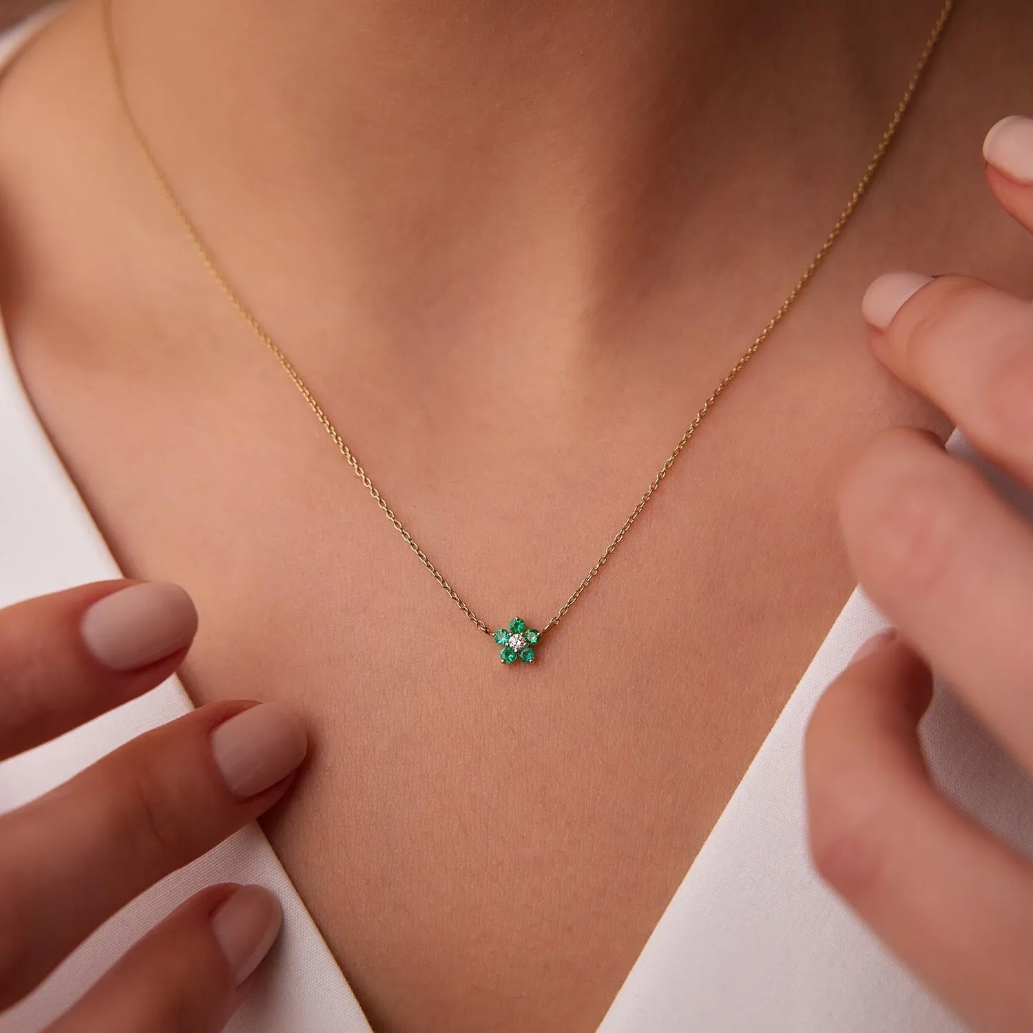 14k Solid Gold Round Emerald and Diamond Flower Charm Necklace 0.12 CTW Emerald 0.04 CTW Diamond Prong Setting