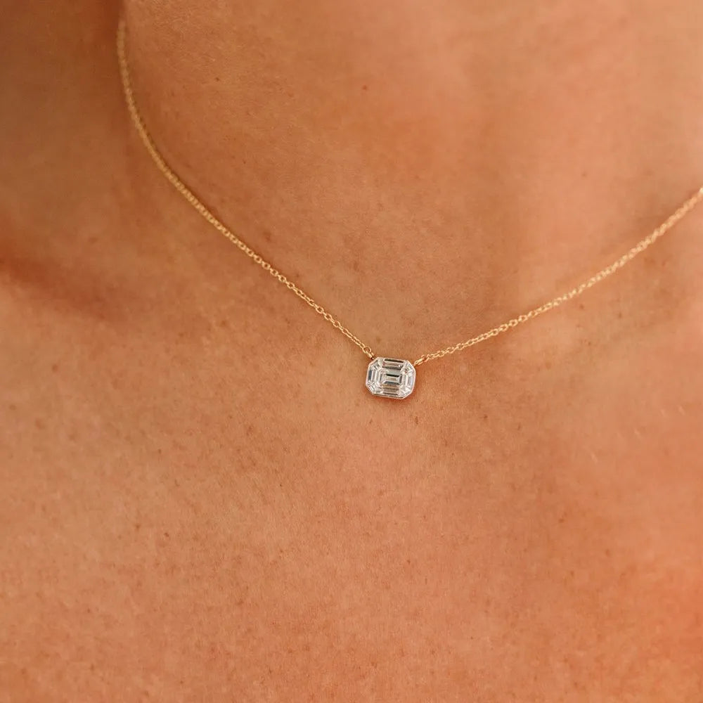 14K Solid Gold Baguette Diamond Step Cut Mosaic Illusion Necklace Invisible Bezel Setting 0.48ctw