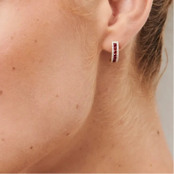 14k Gold Ruby and Diamond Round Cut Hoop Earrings 0.80 ctw