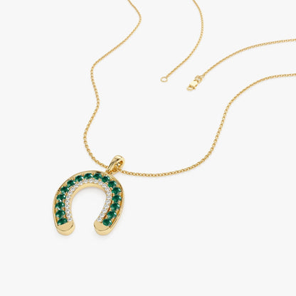 14k Solid Gold Round Emerald 0.45 CTW and Diamond 0.12 CTW Horseshoe Pendant Necklace